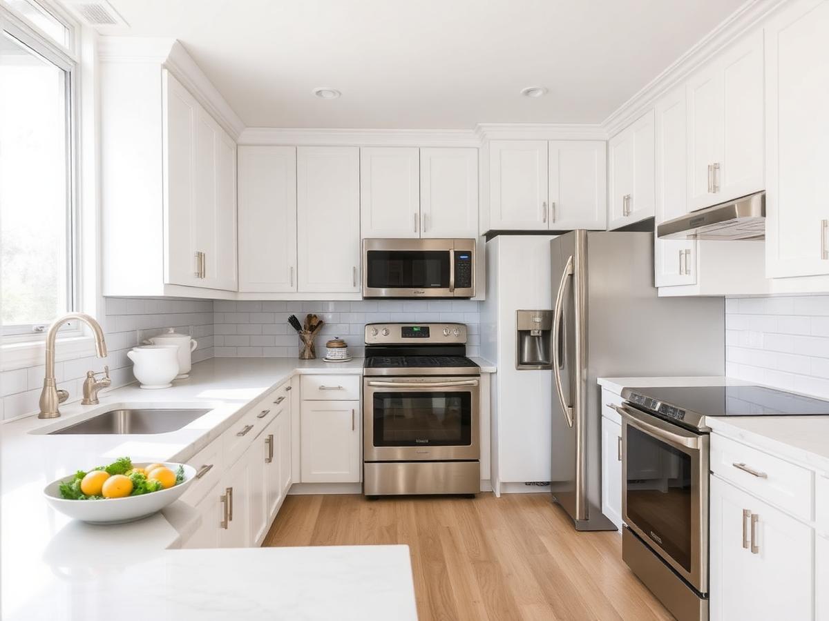 The same kitchen after remodeling, with white shaker cabinets, quartz countertops, a white subway tile backsplash and stainless appliances in bright daylight