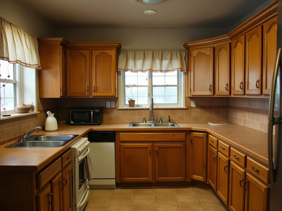 Dated 1990s Palm Beach County kitchen before remodeling, with worn honey-oak raised-panel cabinets, laminate countertops and a beige tile backsplash under dim lighting