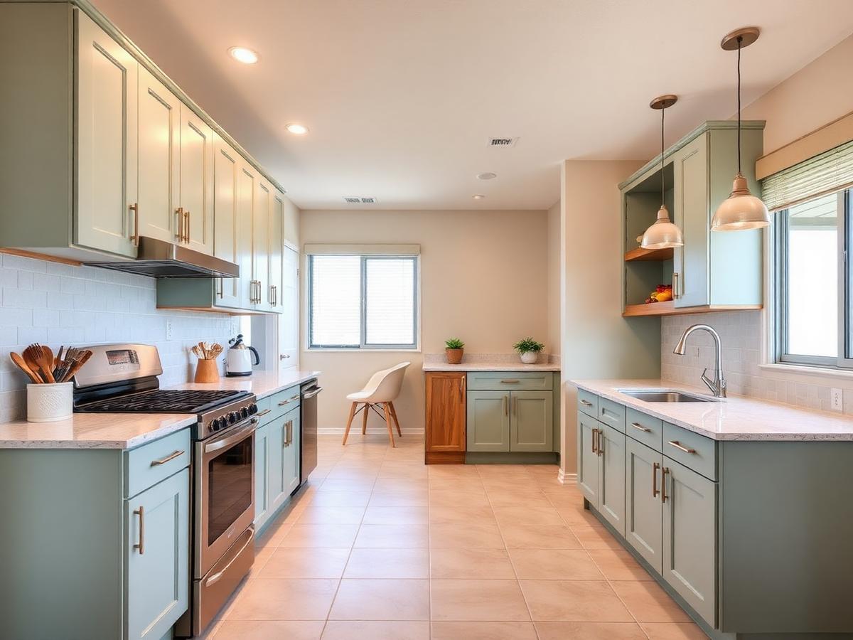 The same galley kitchen after renovation, with sage green shaker cabinets, light quartz counters, tile flooring and pendant lighting over an open counter