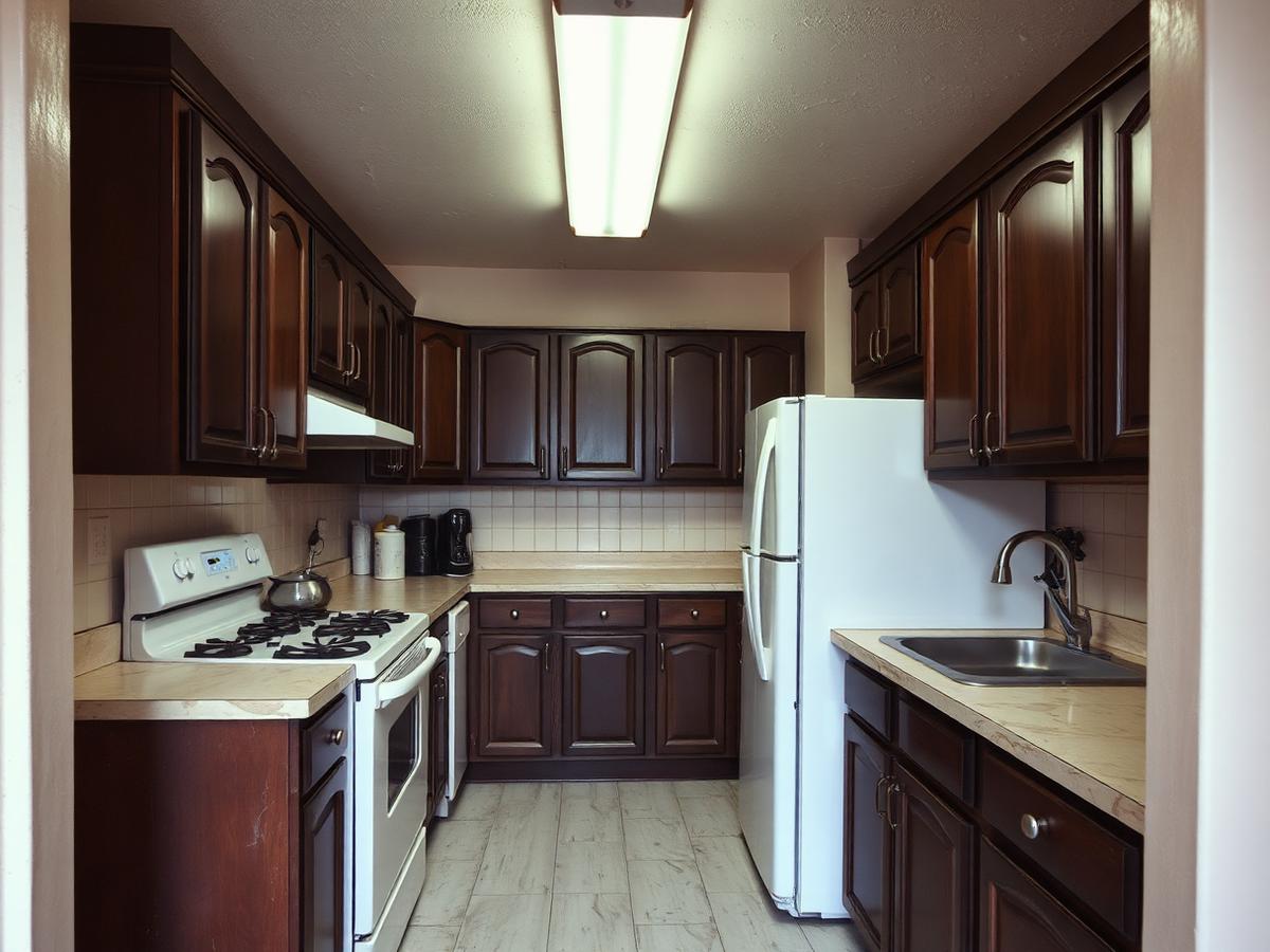 Cramped condo galley kitchen before renovation, with dark brown arched cabinet doors, worn vinyl flooring and a single fluorescent ceiling fixture