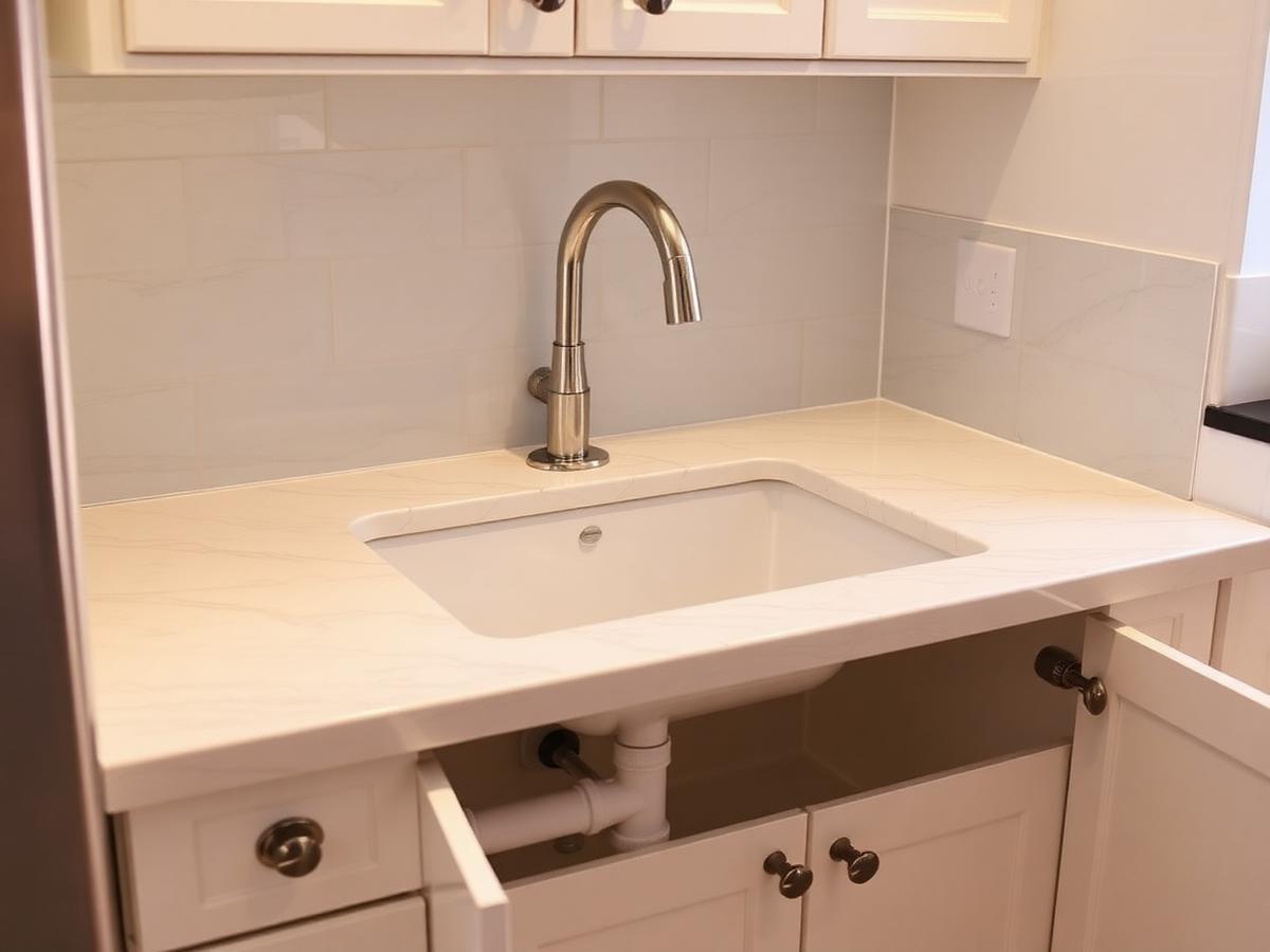 Rebuilt kitchen sink base cabinet after repair, with a new quartz countertop, undermount sink, new pull-down faucet and clean, properly supported drain plumbing