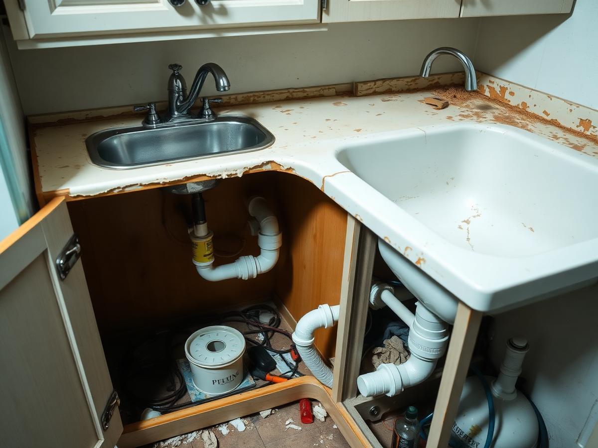 Water damaged kitchen sink base cabinet before repair, showing a delaminating countertop edge, rusted surfaces and tangled plumbing beneath the sink
