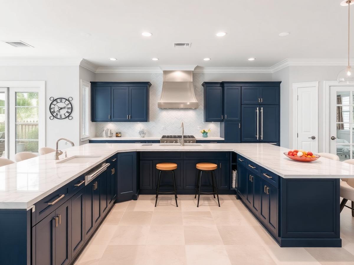 New large kitchen island after remodeling, with a waterfall quartz top, navy blue cabinetry, wooden bar stools and recessed lighting in a bright coastal kitchen