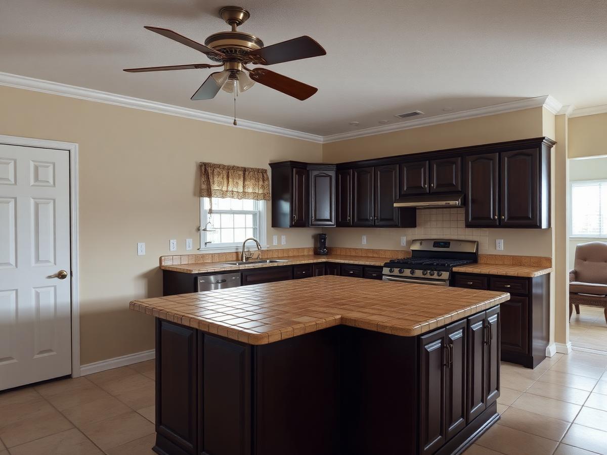 Outdated kitchen island before remodeling, topped with tan ceramic tile and surrounded by dark espresso cabinets beneath an old ceiling fan