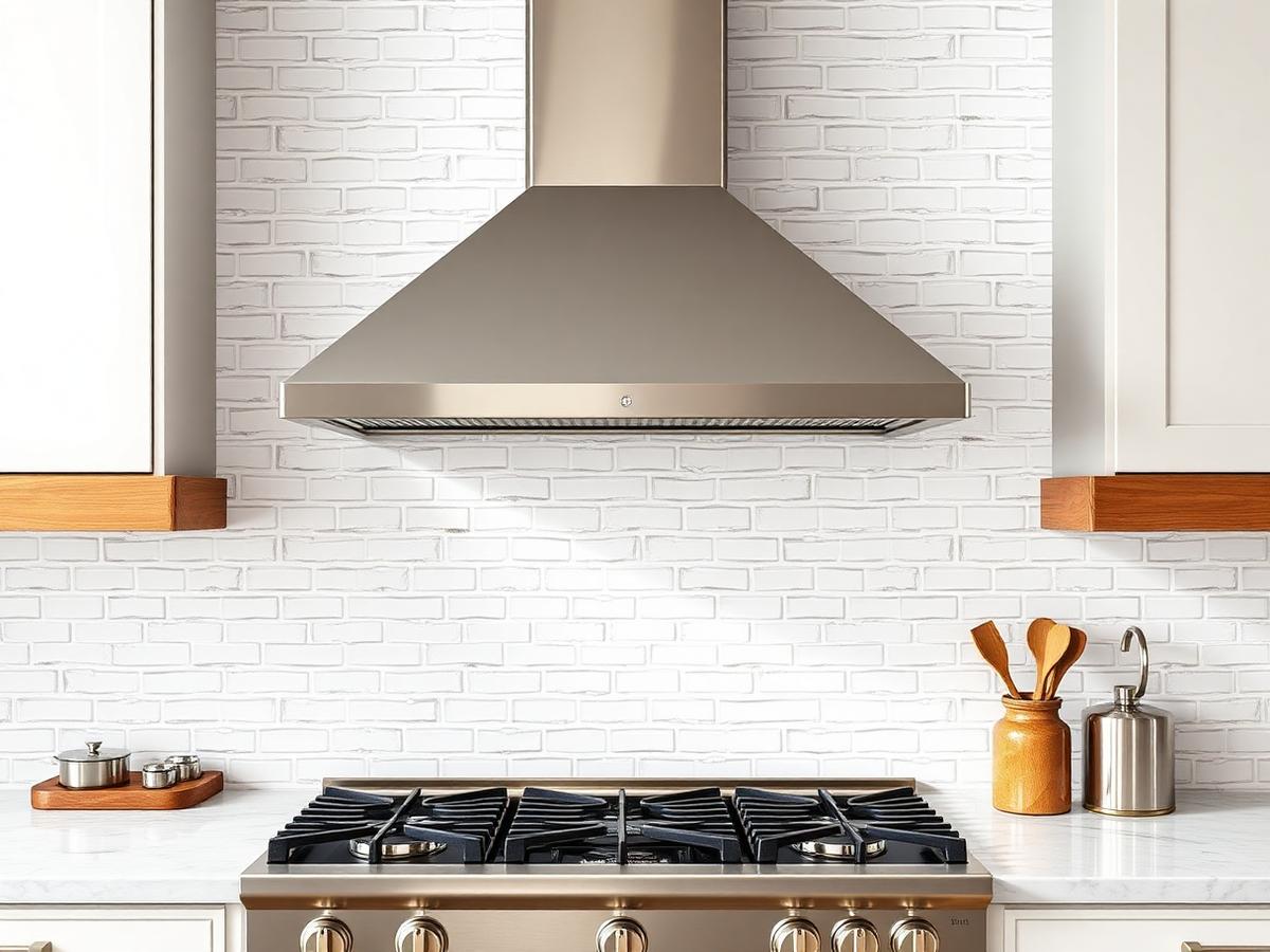 Updated kitchen range wall after work, with a white zellige-style tile backsplash, a new stainless vent hood and a gas range with marble-look counters