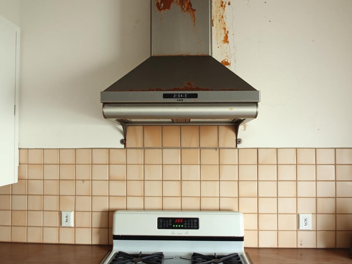 Old kitchen range wall before updating, with a greasy stained wall, rust marks on the vent hood and dated square peach tile backsplash