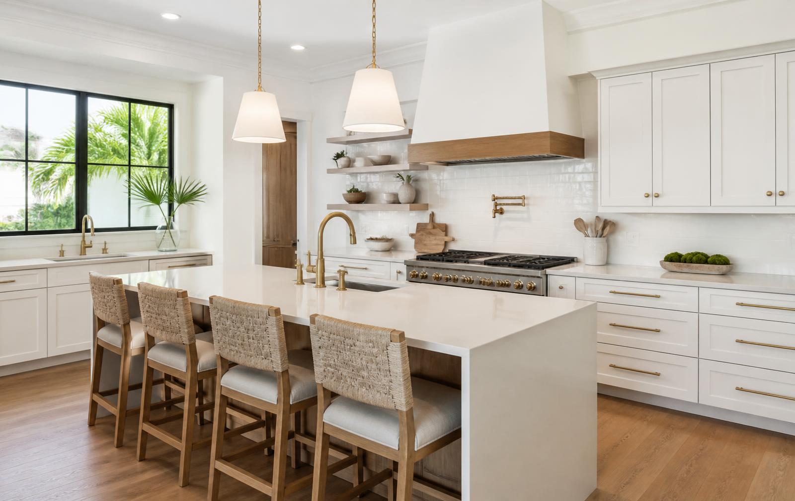 Remodeled Palm Beach County kitchen with white cabinetry, a large quartz island, brass fixtures and palm trees visible through the window