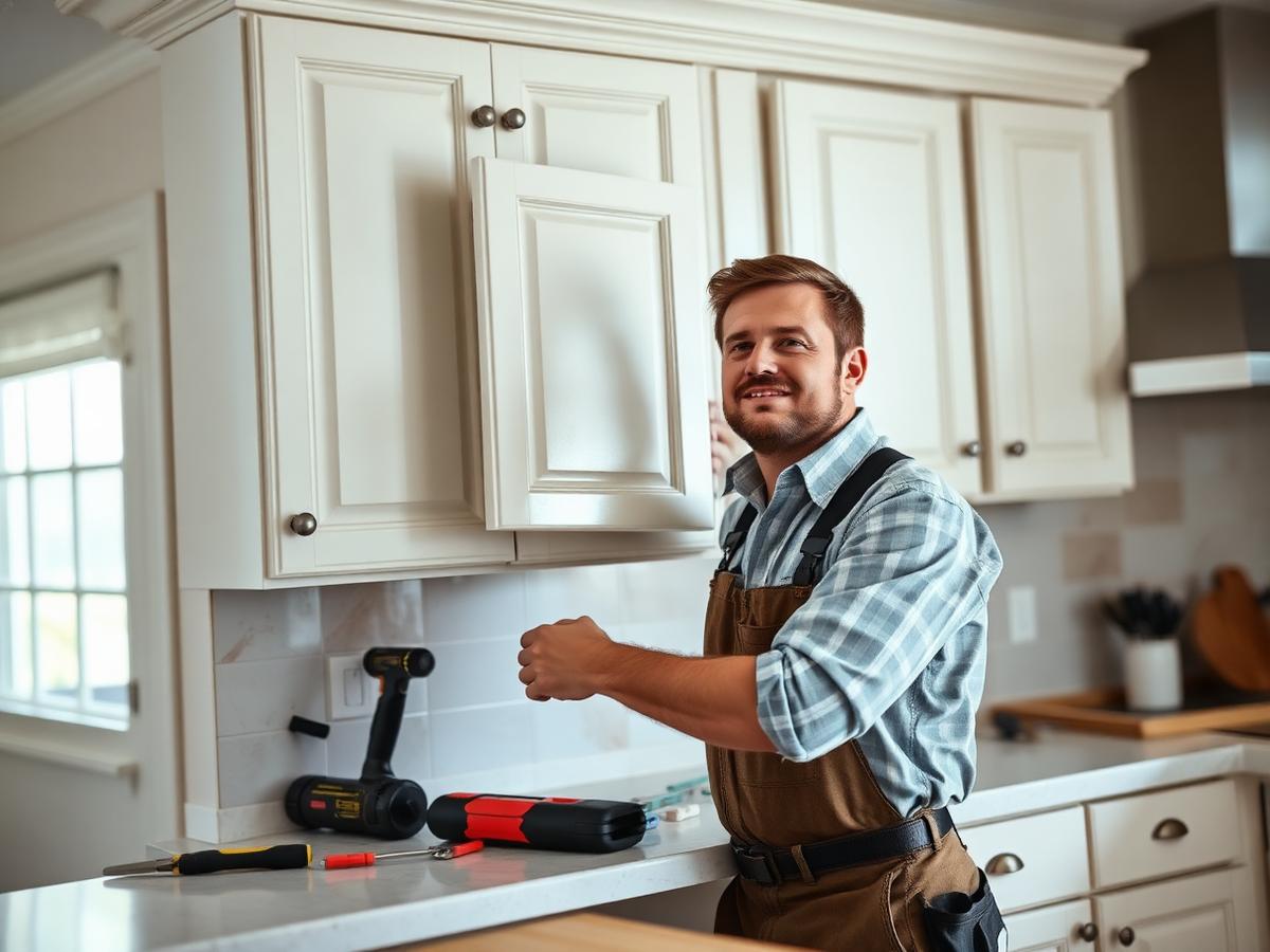 Dr Handyman Service technician aligning an upper kitchen cabinet door with a drill and hand tools on the countertop